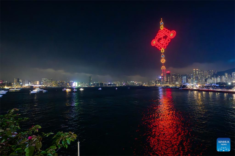 Drone light show featuring traditional Chinese culture staged in Hong Kong